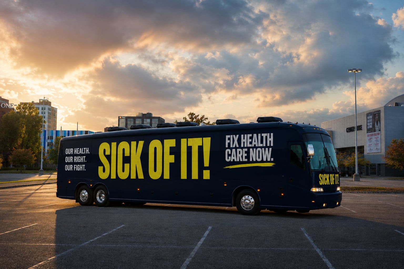 The Sick Of It! Care Force One tour bus parked at golden hour