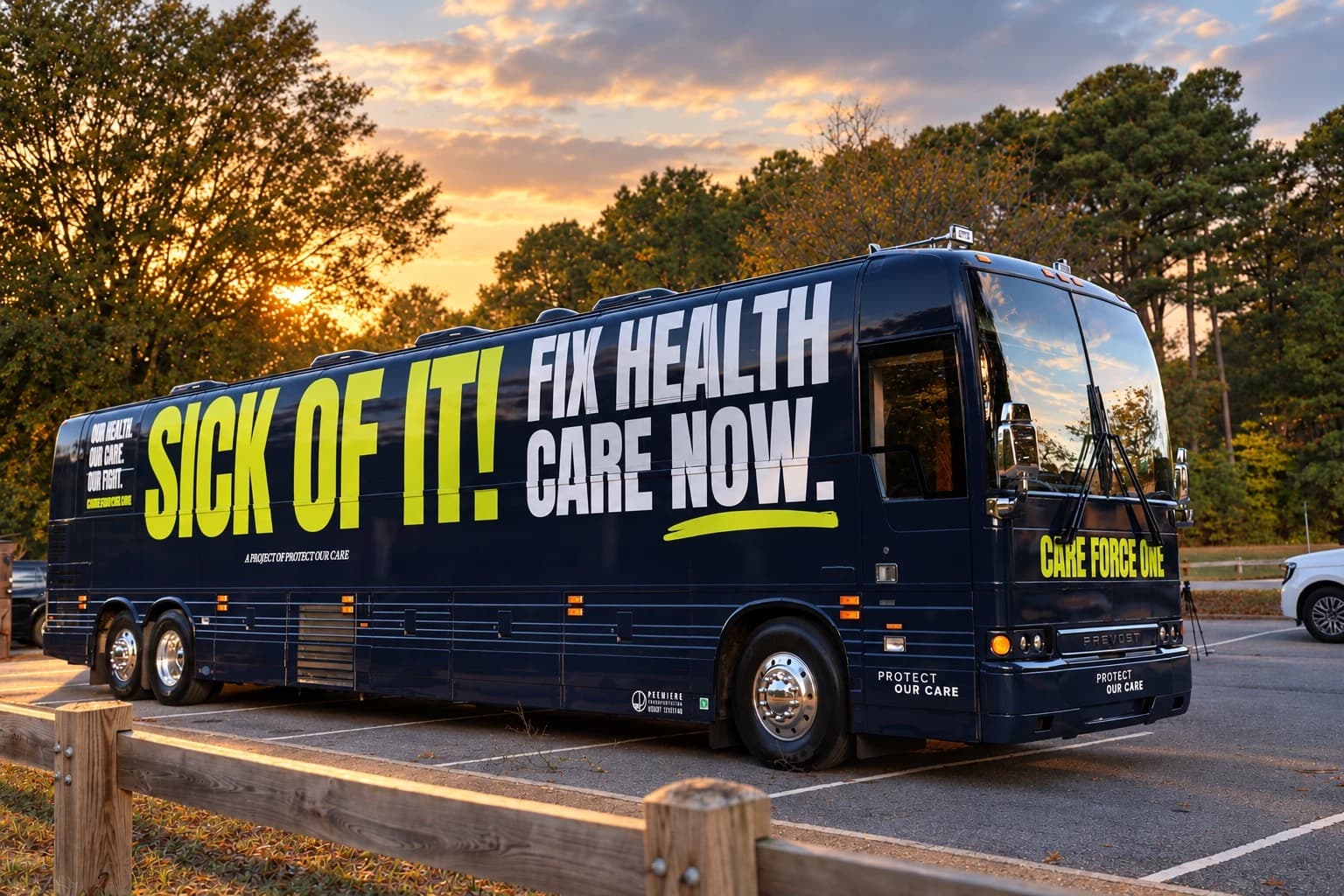 The Sick Of It! Care Force One tour bus parked at golden hour